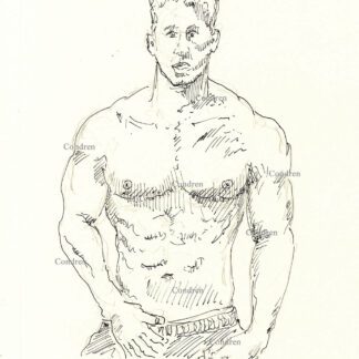 Shirtless male caught jacking off, pen & ink gay figure drawing. He has a muscular body and chiseled torso with large, developed pecs.