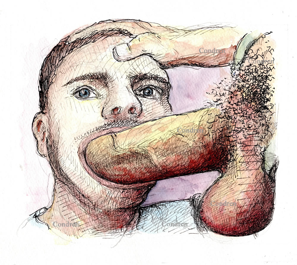 Deep throat boy sucking a huge hardon cock and hairy balls. Pen & ink watercolor drawing.