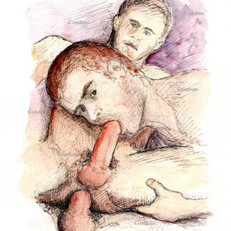 Gay boys fucking and sucking while naked with big hard cocks and hairy balls, pen & ink male watercolor drawing.
