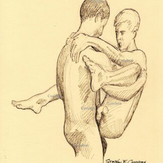 Gay brothers fucking with slender fit bodies, pen & ink male figure drawing. One brother holds the other up as he fucks him in the ass missionary style.