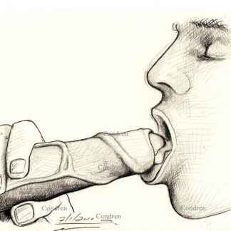 Hot boy eating cum from a hardon cock with his tongue licking up the jizz, pencil figure drawing.