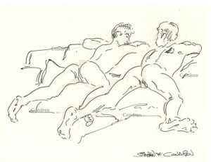 Naked gay incest brothers, with slender fit bodies, are lying on a couch showing off their bare asses, pen & ink male figure drawing.