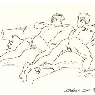 Naked gay incest brothers, with slender fit bodies, are lying on a couch showing off their bare asses, pen & ink male figure drawing.