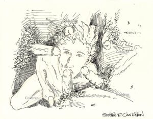 Naked dude sucking multiple cocks at a gay male orgy, pen & ink figure drawing. Cock sucking men. 