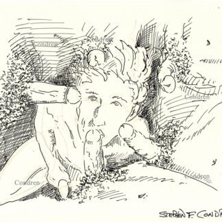 Naked dude sucking multiple cocks at a gay male orgy, pen & ink figure drawing.