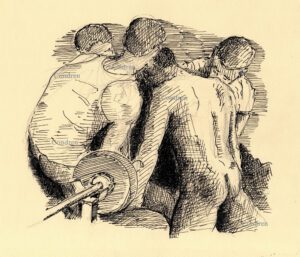 Gay orgy in gym with muscular naked boys fucking, pen & ink male figure drawing.