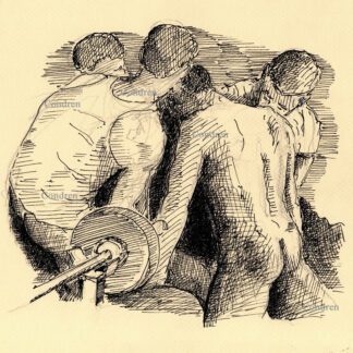 Gay orgy in gym with muscular naked boys fucking, pen & ink male figure drawing.