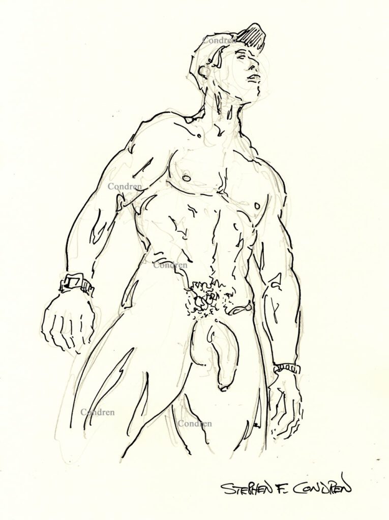 Gay naked male standing with big hairy cock and balls hanging out. He has a muscular physique and a 6-pack set of abs and well-developed pecs. Pen & ink figure drawing. Gay male figure drawing. Cum all-over. 