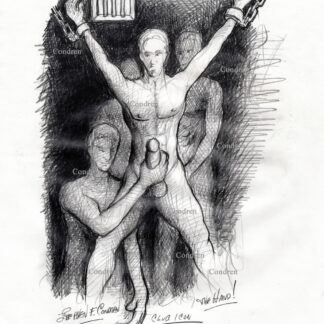 Naked chained boy stroked and raped by hot gay prison inmates in his cell, BDSM pencil male figure drawing.