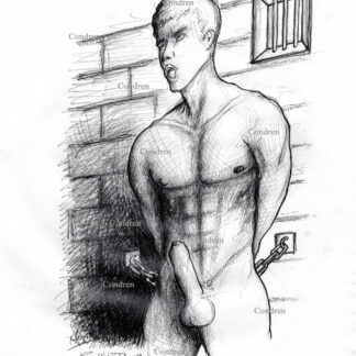 Naked fit boy chained in a gay male BDSM torcher chamber to be made a sex slave to his older dungeon masters. Naked fit man chained.