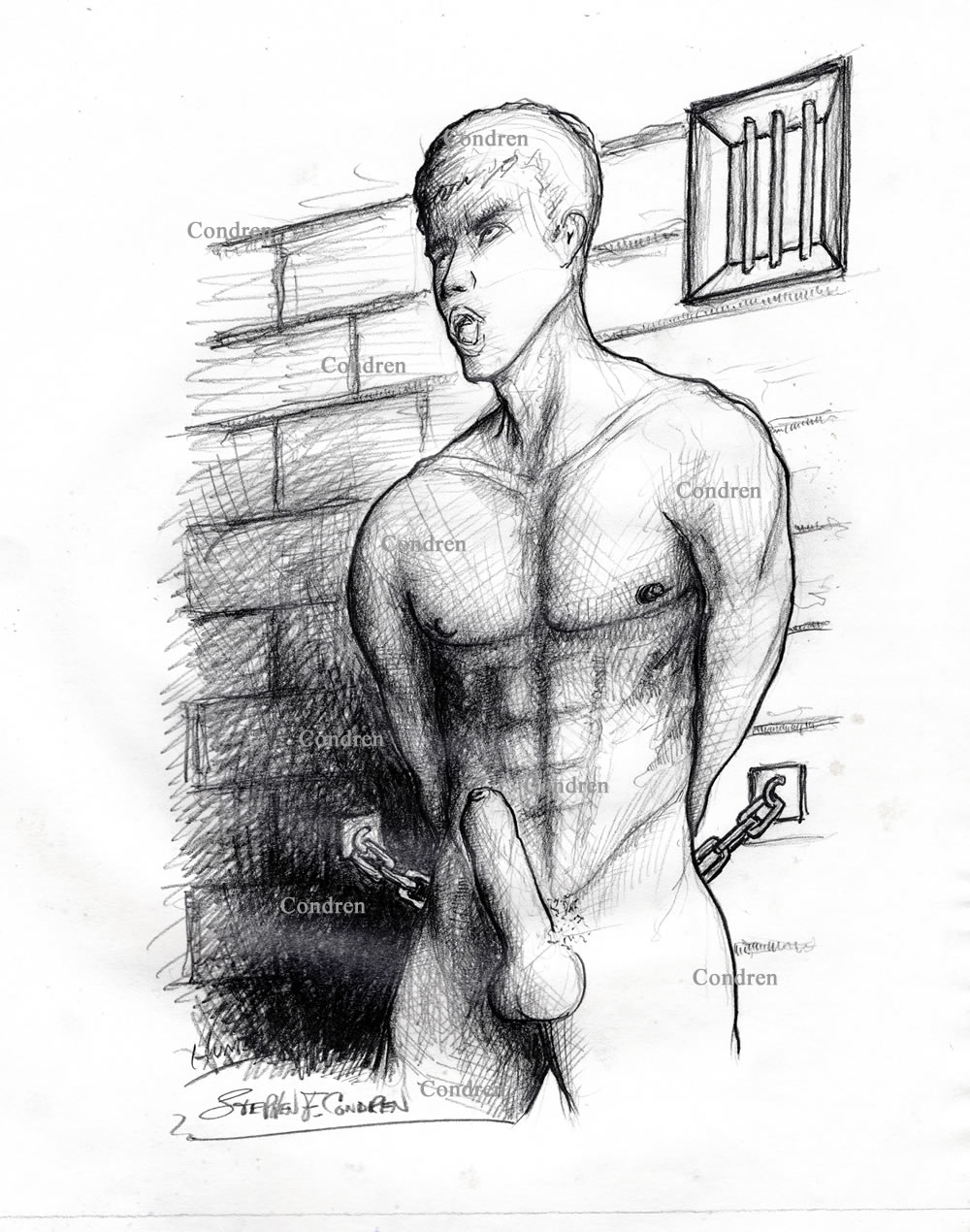 Naked fit boy chained in a gay male BDSM torcher chamber to be made a sex slave to his older dungeon masters. Naked fit man chained.