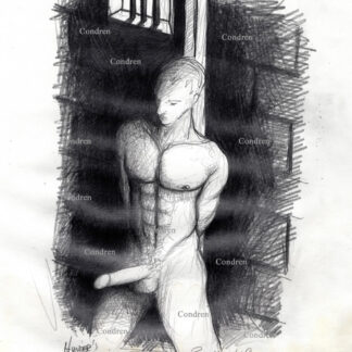 BDSM bondage boy chained in a dungeon has a muscular body with big hardon cock and hairy balls. Gay male sex pencil figure drawing.