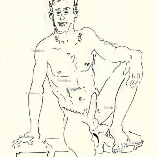 Naked boy with hardon cock and big hairy balls sitting and smiling. Gay sex pen & ink male figure drawing. Naked dude with hardon cock.