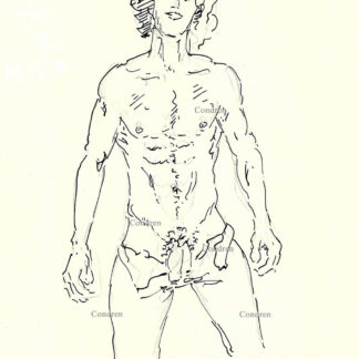 Shirtless male has penis hanging out of his blue jeans. Gay male pen & ink figure drawing. Shirtless male with penis.