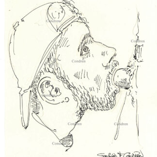 Boy sucking for pleasure a big thick cock and large hairy balls because he is a cock sucker. Gay male sex pen & ink figure drawing.