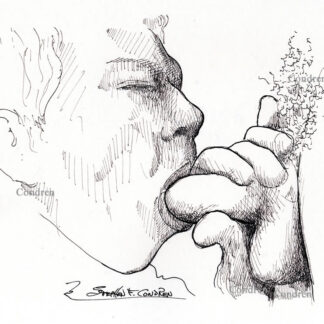 Gay penis sucking dude takes in big hairy cock and balls into his sweet mouth. Gay male sex pen & ink figure drawing.