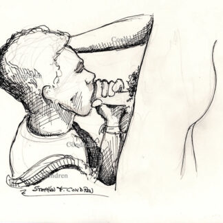 Boy sucking with lips a big thick cock and large hairy balls. Gay male sex pen & ink figure drawing. Boy sucks with lips.