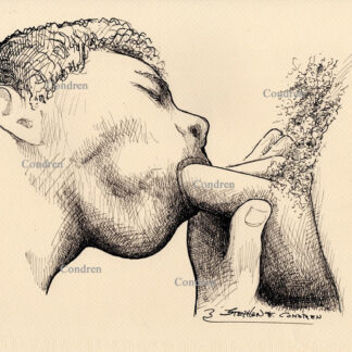 Boy sucked big meaty cock with large hairy balls. Gay male sex pen & ink figure drawing.