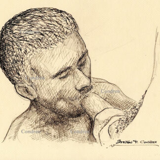 Hot guy sucking hardon cock with large hairy balls. He is very cute with short hairy and clean shaven. Gay male pen & ink sex figure drawing.