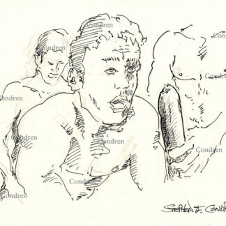 Nude male orgy as hot naked boys fuck each other other in a hot threesome. The men have muscular physiques and a 6-pack set of abs. Gay boy sex pen & ink male figure drawing. Naked male orgy.