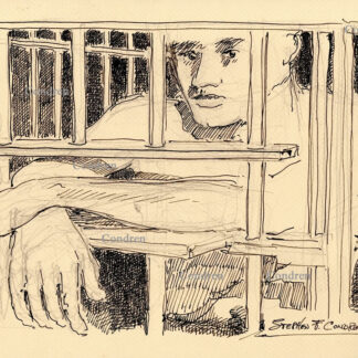 Naked inmate at cell door with muscular physique and hard body waiting to be used for a gay male BDSM gang bang rape session for new young boys to the prison. Pen & ink male figure drawing.