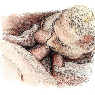 Boy sucking three hardon cocks at once, pen & ink watercolor figure drawing.
