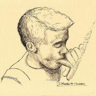 Gay boy sucking cock has a cute face and his eyes are closed. Pen & ink male figure drawing.