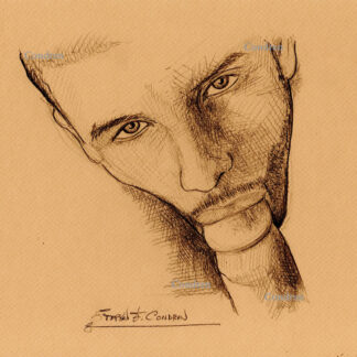 Boy sucking looking up with a big cock in his mouth. He has a cute face with trimmed mustache and beard. Gay male sex pencil figure drawing. Boy sucks looking up.