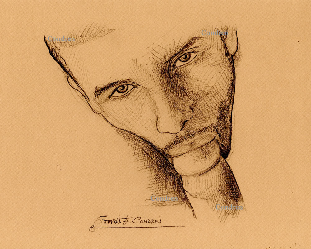 Boy sucking looking up with a big cock in his mouth. He has a cute face with trimmed mustache and beard. Gay male sex pencil figure drawing. Boy sucks looking up.