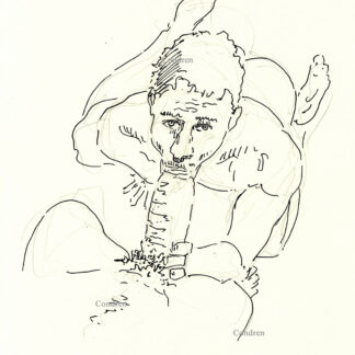 Naked boy on his knees with a muscular fit body is sucking a big thick dick and large hairy balls because he is gay. Gay male pen & ink sex figure drawing.