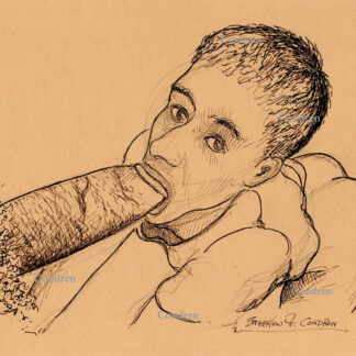 Hot boy sucking a big hairy cock on his knees as he looks at you with his naked as up. Gay sex art pen & ink male figure drawing. Hot boy sucks.