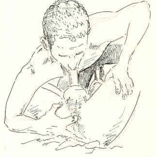 Boys doing 69, pen & ink gay male sex figure drawing. The boys like incest sucking because they are brothers with slender fit bodies and big cocks with large hairy balls.