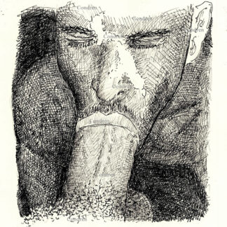 Cock sucking boy with a cute face and big mouth takes in a huge hairy cock deep throat. He is young and cute wearing a ball cap backwards. Gay male pen & ink sex figure drawing.