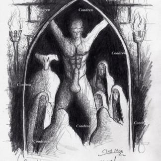Naked fit boy in dungeon as Satan tortures him. He has a muscular body and a chiseled torso with a 6-pack set of abs and defined pecs. Gay male sex pencil figure drawing.