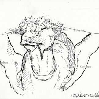 Dad fucking son's mouth with his big thick cock and large hairy balls. Gay male incest sex pen & ink figure drawing. Dad fucks son's mouth.