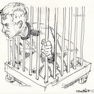 Naked BDSM boy caged to be made a gay sex slave at all-male dungeon orgy. Pen & ink figure drawing.