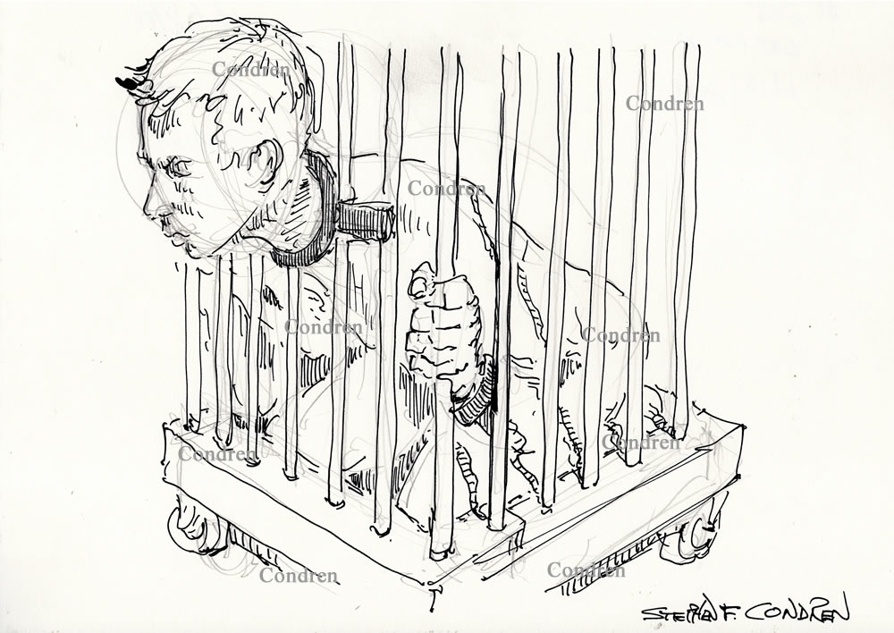 Naked BDSM boy caged to be made a gay sex slave at all-male dungeon orgy. Pen & ink figure drawing.
