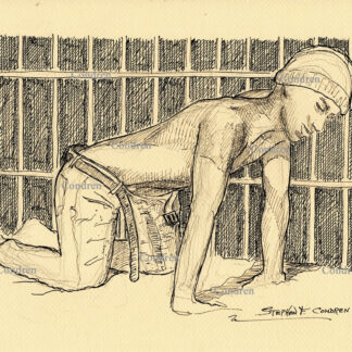 Shirtless prison boy on all fours to be raped in a gay BDSM sex orgy. He has a muscular body and chiseled torso with a 6-pack set of abs. Pen & ink figure drawing.