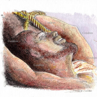 BDSM man tied down with ropes to be raped and made a gay male sex slave at a Satanic dungeon orgy. Pen & ink watercolor figure drawing. BDSM man tied up.