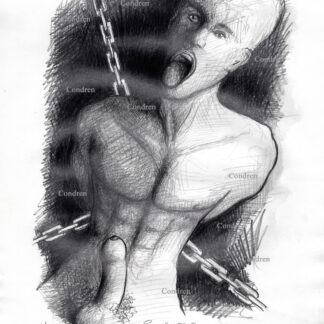 Fit boy in chains with a muscular body and chiseled torso. He is cuffed in a dark dungeon for gay BDSM sex torture by older den masters. Gay male sex pencil figure drawing.