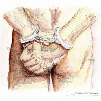 Cuffed naked ass boy to be raped and made a sex slave for gay BDSM sex parties and orgies. Pen & ink male figure drawing. Cuffed naked ass man.
