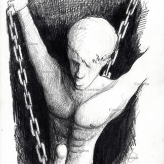 Naked boy chained in a dark BDSM dungeon to be used as a sex slave and boy slut to his new BDSM masters. Gay male pencil figure drawing.