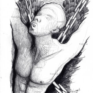 Gay BDSM boy in chains in a dark BDSM dungeon to be made a sex slave for his new masters. Gay male sex pencil figure drawing. SKU #6020A.