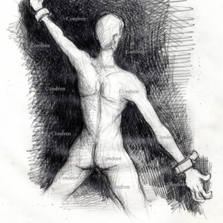 Naked BDSM boy cuffed in dungeon to be raped and made a gay male sex slave to his new masters. Pencil figure drawing. Naked man cuffed in dungeon.