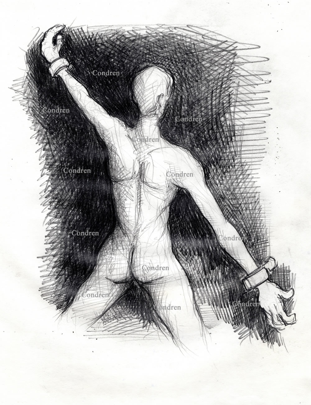 Naked BDSM boy cuffed in dungeon to be raped and made a gay male sex slave to his new masters. Pencil figure drawing. Naked man cuffed in dungeon.