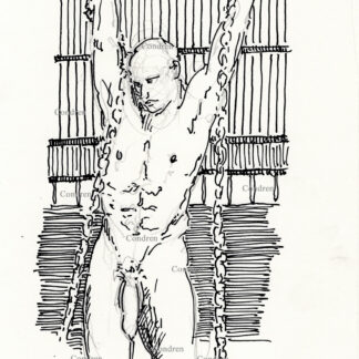 BDSM boy chained up as a sex slave in a torture chamber. Gay boy sex pen & ink male figure drawing. BDSM man chained.