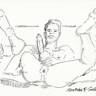Naked boy's ass is spread wide opened to expose his hardon cock and big hairy balls for a gay male orgy and gang bang. Pen & ink figure drawing. Naked man's ass.