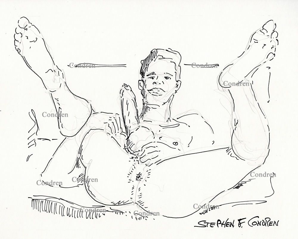 Naked boy's ass is spread wide opened to expose his hardon cock and big hairy balls for a gay male orgy and gang bang. Pen & ink figure drawing. Naked man's ass.